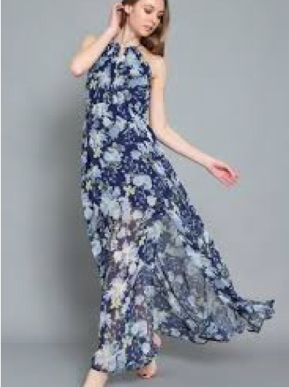 Aakaa Halter Floral Maxi Dress Navy Blue Chiffon Flowy Wedding Guest Size S